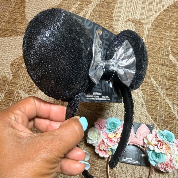 DISNEY EARS - 2 pcs! Pink floral and black/silver Mickey Mouse Disneyworld NEW - Picture 5 of 5